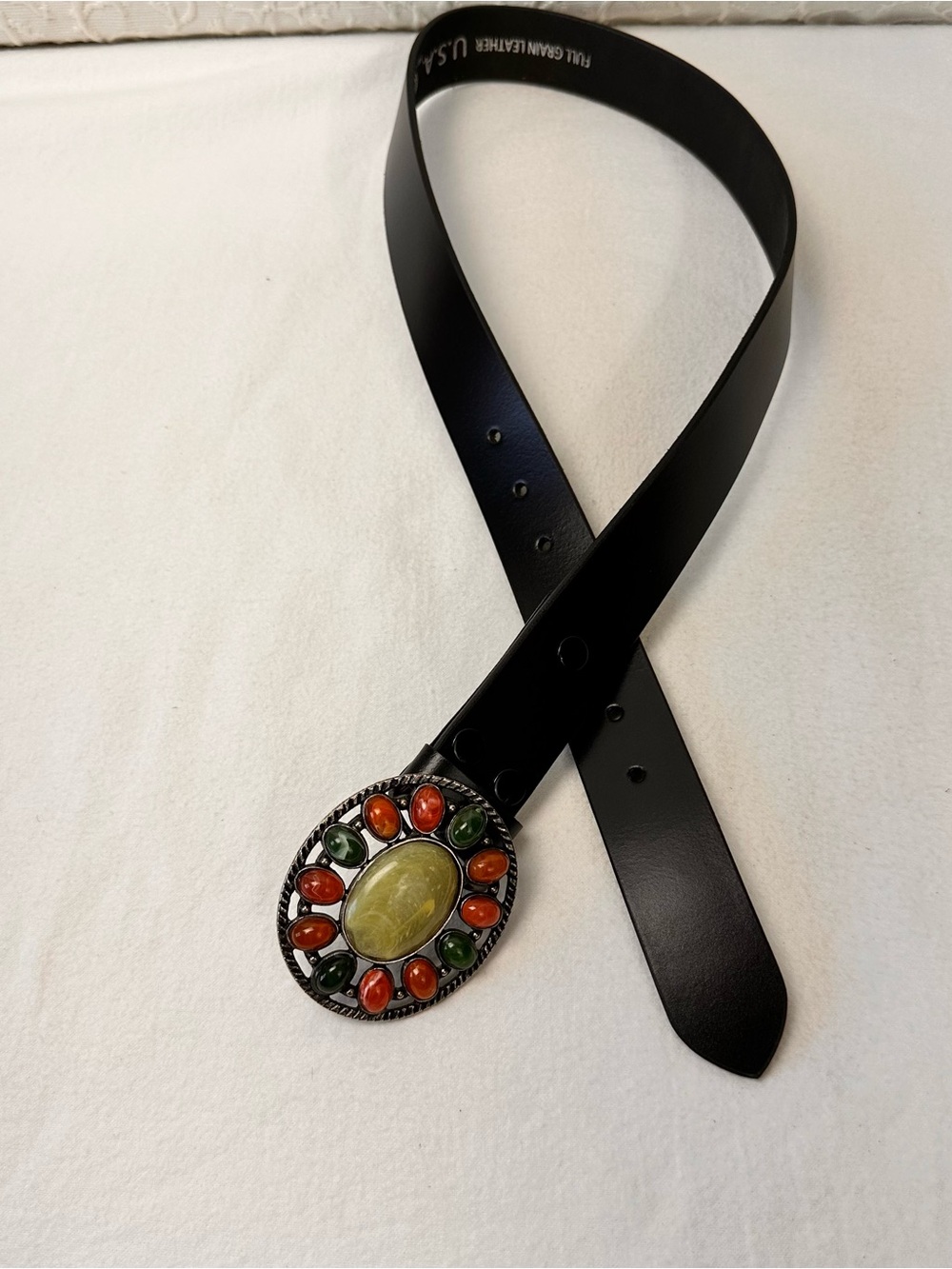 Black Leather Belt with Green and Orange Stone Oval Buckle